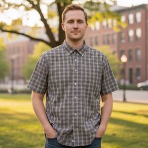 Alan Flusser Purple & Green Short Sleeve Cotton Button Down Shirt Size L…